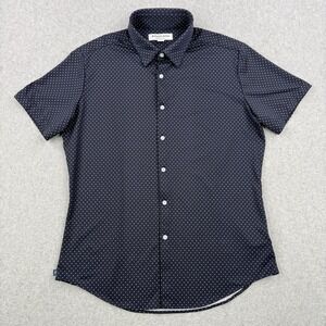 Mizzen + Main Shirt Mens Medium Navy Blue Polka Dot Trim Fit Preppy Short Sleeve